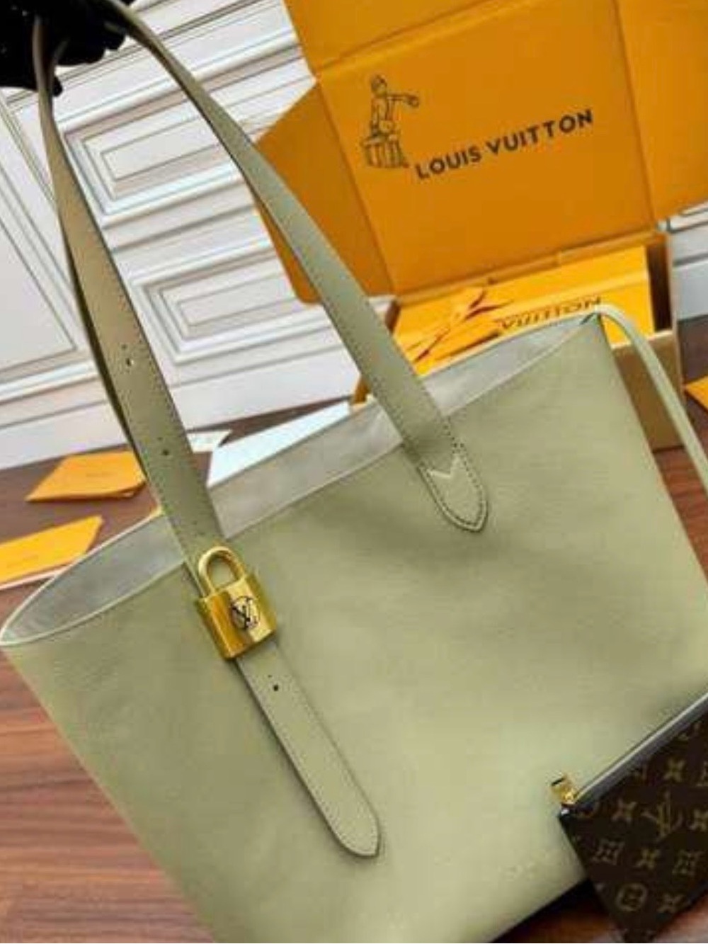 Louis Vuitton Greenish Leather Tote with Monogram Pouch, low key